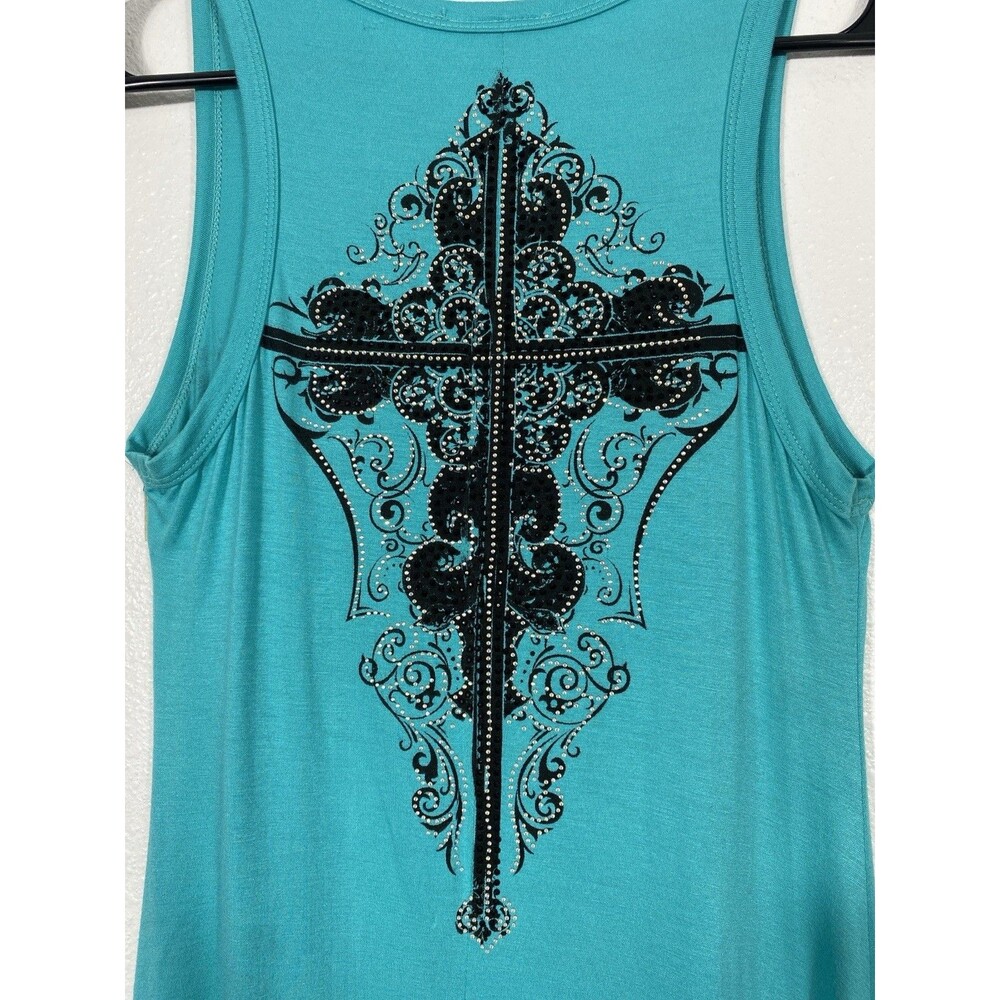Y2K Vocal Turquoise Sleeveless Rhinestone Cross Tunic Top Rayon Spandex Size S - Picture 5 of 15